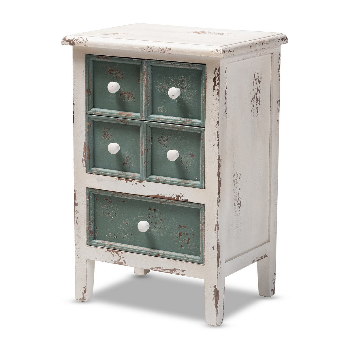 Baxton Studio Angeline Antique French Country Cottage Distressed White and Teal Finished Wood 5-Drawer Accent Chest Baxton Studio-Chests-Minimal And Modern - 1