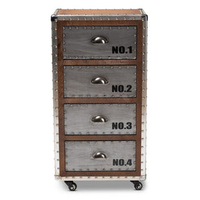 Baxton Studio Avere French Industrial Brown Wood and Silver Metal 4-Drawer Rolling Accent Chest