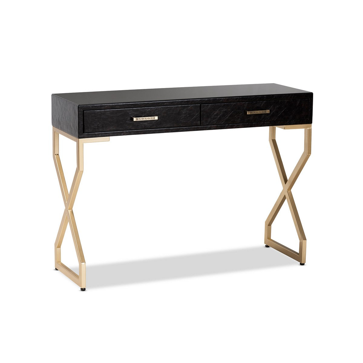 Baxton Studio Carville Modern and Contemporary Dark Brown Faux Leather Upholstered Gold Finished 2-Drawer Console Table Baxton Studio-side tables-Minimal And Modern - 1