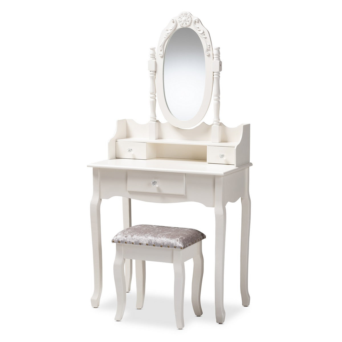 Baxton Studio Veronique Traditional French Provincial White Finished Wood 2-Piece Vanity Table with Mirror and Ottoman Baxton Studio-Bathroom Vanities-Minimal And Modern - 1