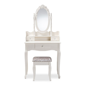 Baxton Studio Veronique Traditional French Provincial White Finished Wood 2-Piece Vanity Table with Mirror and Ottoman
