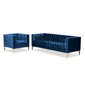 Baxton Studio Zanetta Glam and Luxe Navy Velvet Upholstered Gold Finished 2-Piece Sofa and Lounge Chair Set Baxton Studio-Living Room Sets-Minimal And Modern - 1