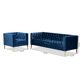 Baxton Studio Zanetta Glam and Luxe Navy Velvet Upholstered Gold Finished 2-Piece Sofa and Lounge Chair Set