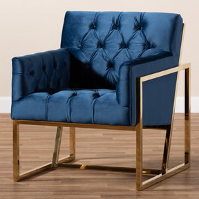 Baxton Studio Milano Modern and Contemporary Navy Velvet Fabric Upholstered Gold Finished Lounge Chair