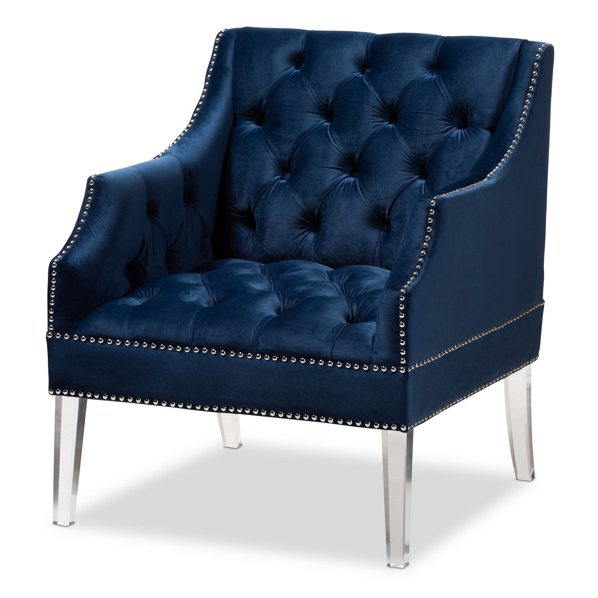 Baxton Studio Silvana Modern and Contemporary Navy Velvet Fabric Upholstered Lounge Chair with Acrylic Legs Baxton Studio-chairs-Minimal And Modern - 1