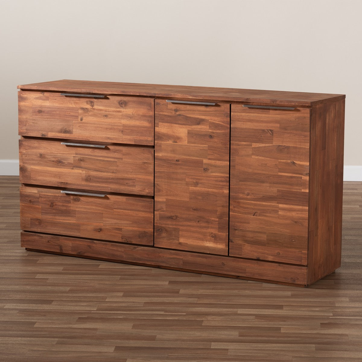 Baxton Studio Austin Modern and Contemporary Caramel Brown Finished 3-Drawer Wood Dining Room Sideboard