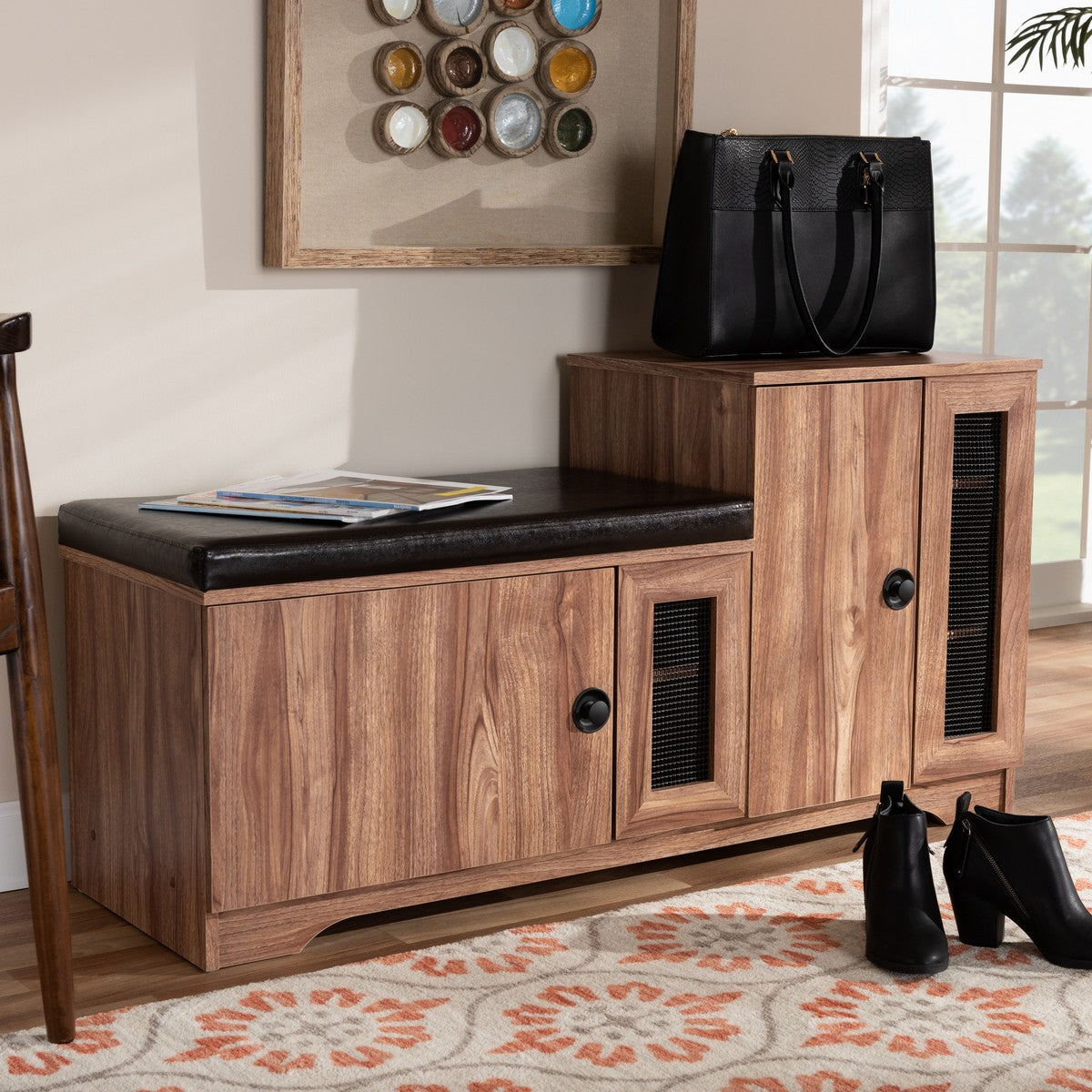 Baxton Studio Valina Modern and Contemporary Dark Brown Faux Leather Upholstered 2-Door Wood Shoe Storage Bench with Cabinet