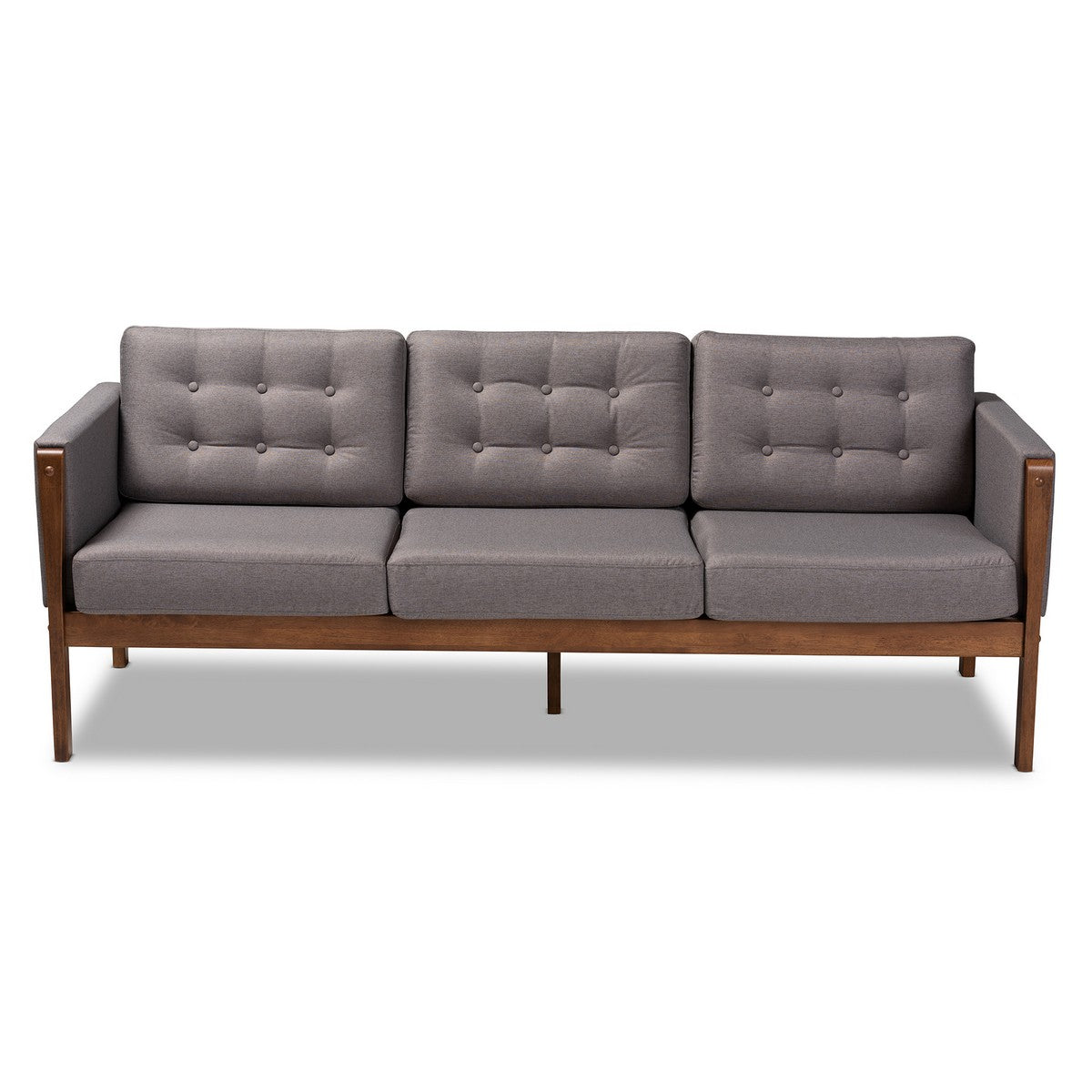 Baxton Studio Lenne Mid-Century Modern Grey Fabric Upholstered Walnut Finished Sofa