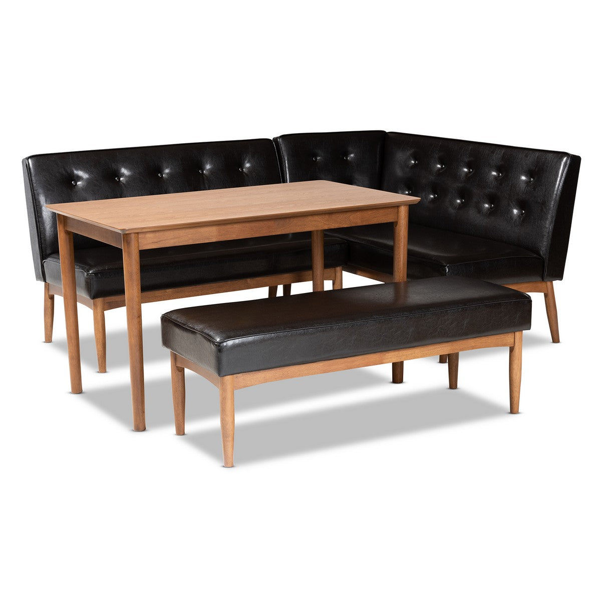 Baxton Studio Arvid Mid-Century Modern Dark Brown Faux Leather Upholstered 4-Piece Wood Dining Nook Set Baxton Studio-Dining Sets-Minimal And Modern - 1