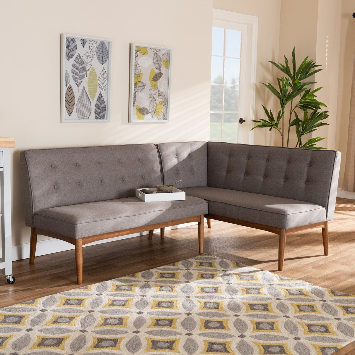Baxton Studio Arvid Mid-Century Modern Gray Fabric Upholstered 2-Piece Wood Dining Nook Banquette Set