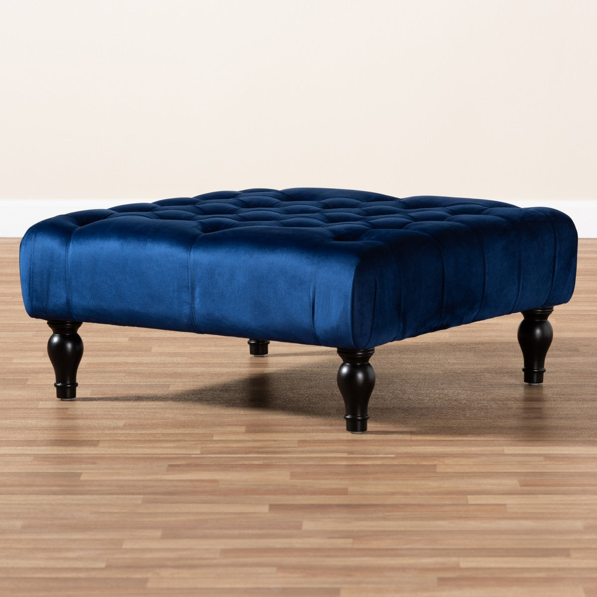 Baxton Studio Keswick Transitional Blue Velvet Fabric Upholstered Button Tufted Cocktail Ottoman