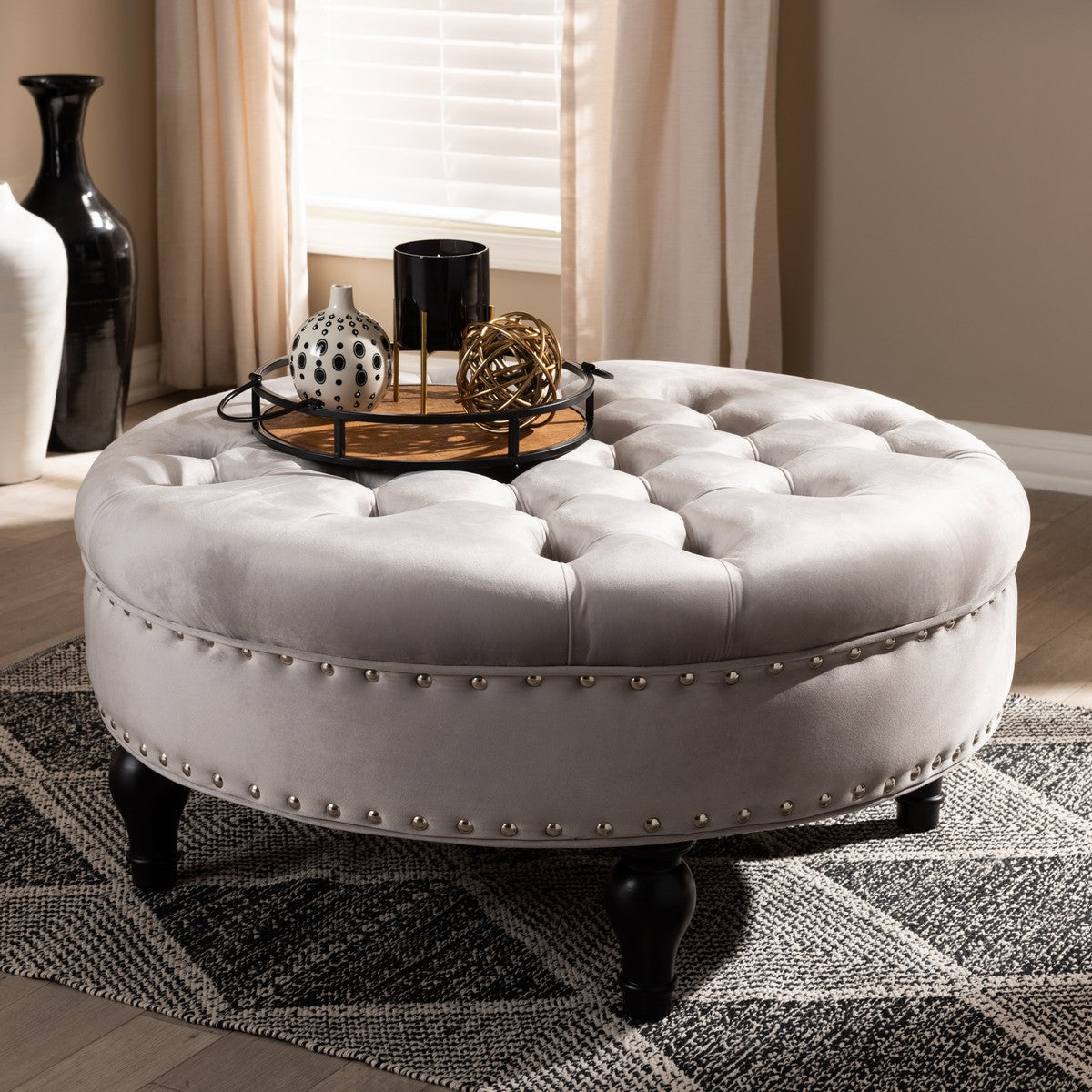 Baxton Studio Palfrey Transitional Grey Velvet Fabric Upholstered Button Tufted Cocktail Ottoman