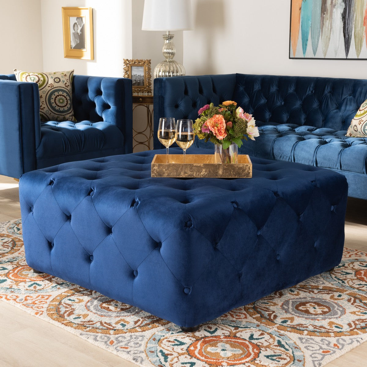 Baxton Studio Calvetti Modern and Contemporary Royal Blue Velvet Fabric Upholstered Button-Tufted Cocktail Ottoman