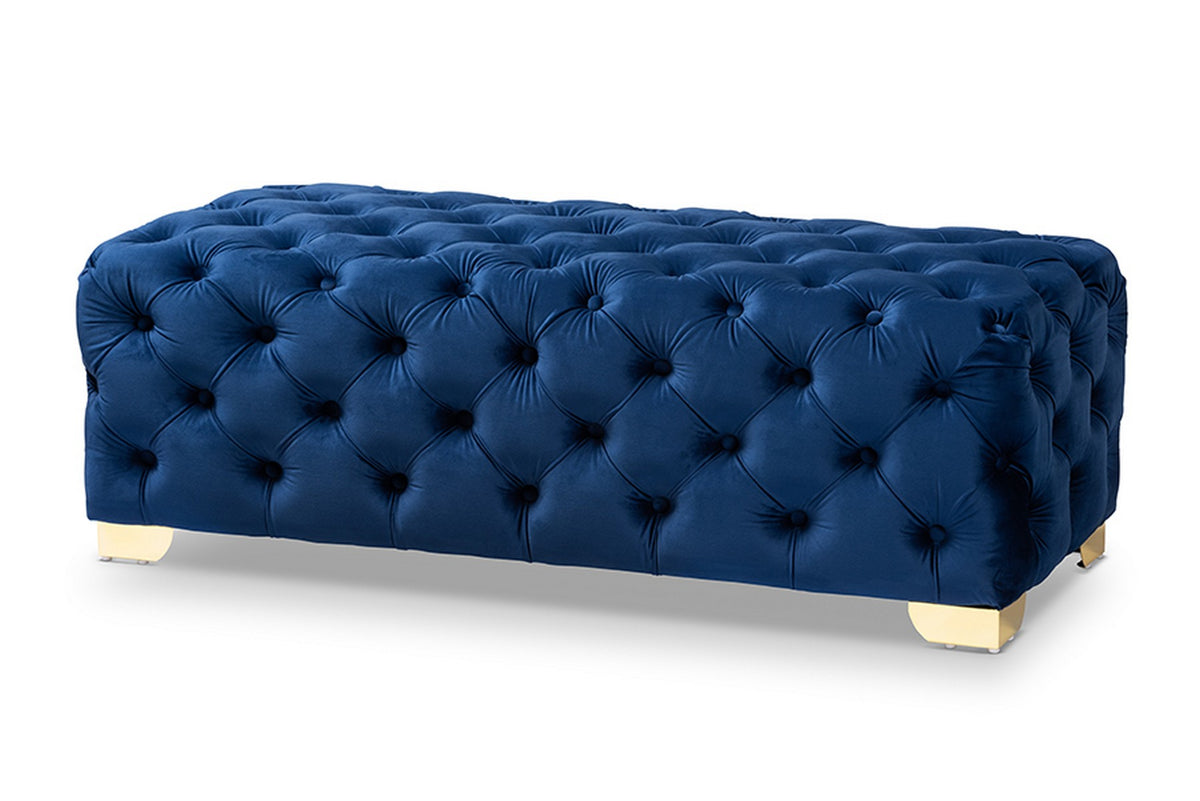 Baxton Studio Avara Glam and Luxe Royal Blue Velvet Fabric Upholstered Gold Finished Button Tufted Bench Ottoman Baxton Studio-ottomans-Minimal And Modern - 1