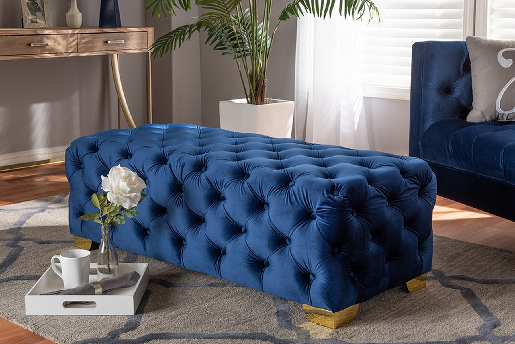 Baxton Studio Avara Glam and Luxe Royal Blue Velvet Fabric Upholstered Gold Finished Button Tufted Bench Ottoman