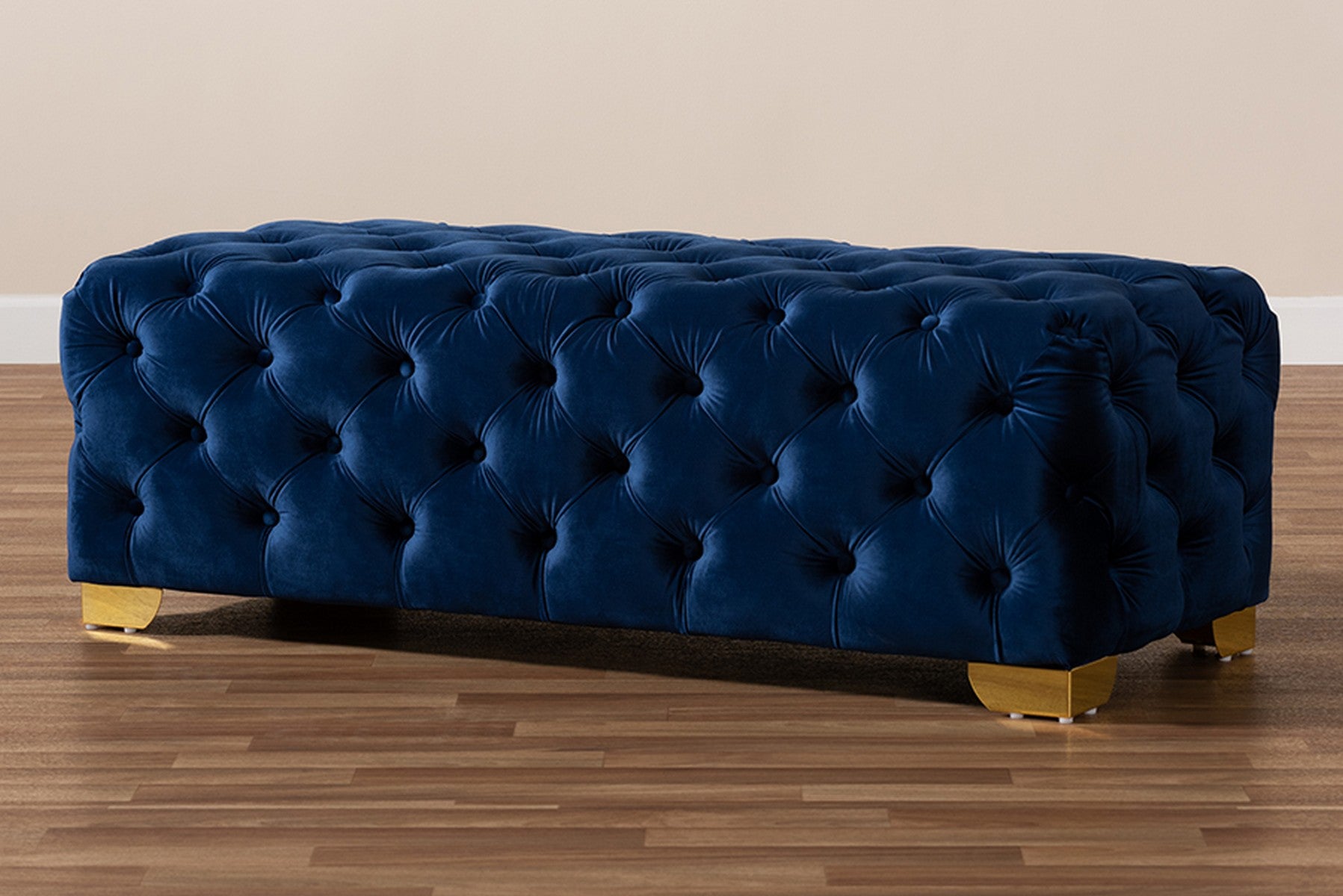 Baxton Studio Avara Glam and Luxe Royal Blue Velvet Fabric Upholstered Gold Finished Button Tufted Bench Ottoman