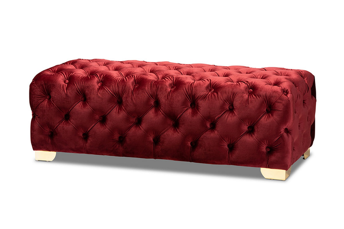 Baxton Studio Avara Glam and Luxe Burgundy Velvet Fabric Upholstered Gold Finished Button Tufted Bench Ottoman Baxton Studio-ottomans-Minimal And Modern - 1