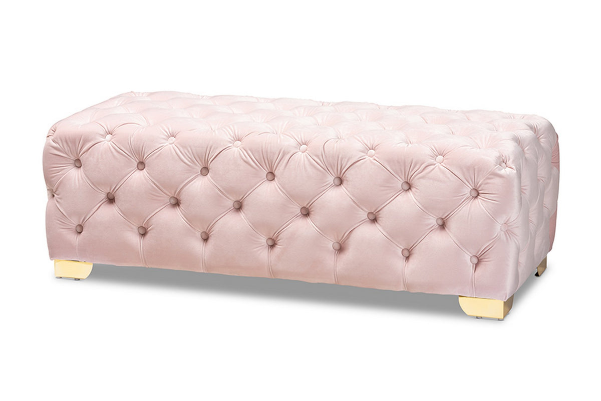 Baxton Studio Avara Glam and Luxe Light Pink Velvet Fabric Upholstered Gold Finished Button Tufted Bench Ottoman Baxton Studio-ottomans-Minimal And Modern - 1