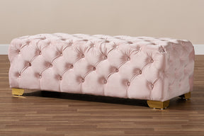 Baxton Studio Avara Glam and Luxe Light Pink Velvet Fabric Upholstered Gold Finished Button Tufted Bench Ottoman