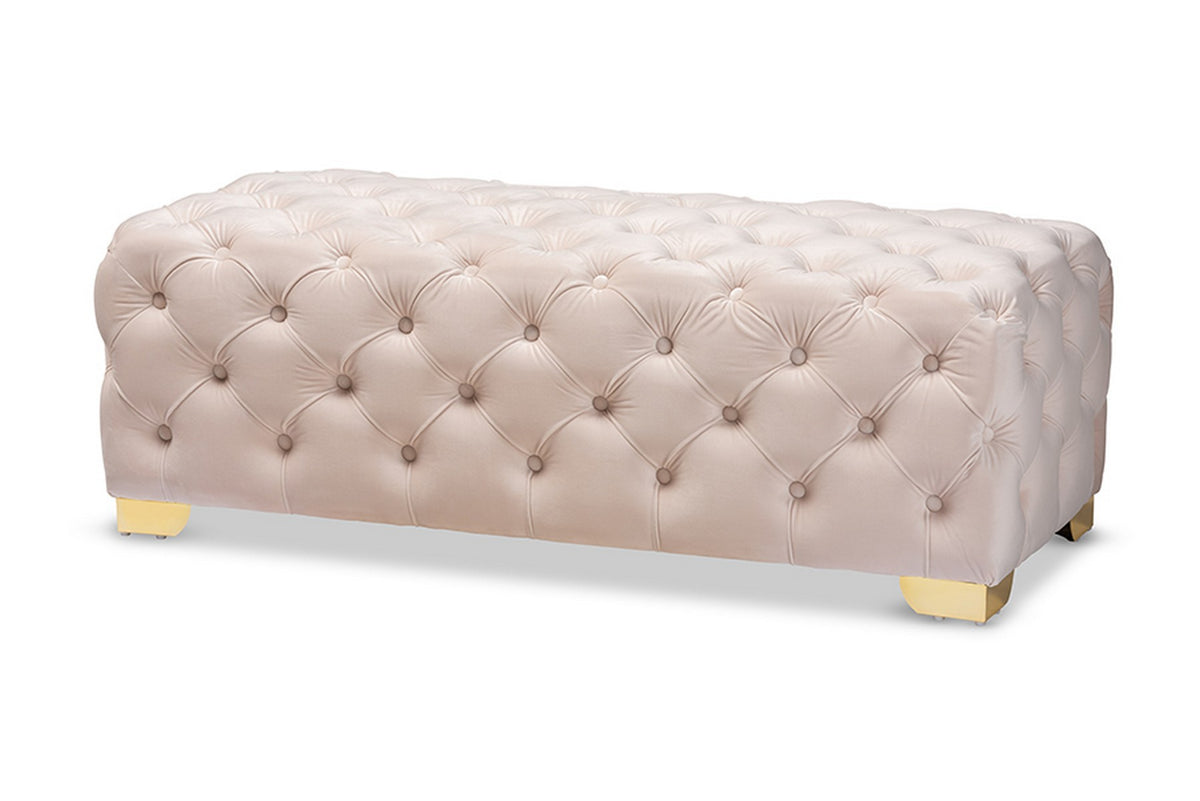 Baxton Studio Avara Glam and Luxe Light Beige Velvet Fabric Upholstered Gold Finished Button Tufted Bench Ottoman Baxton Studio-ottomans-Minimal And Modern - 1