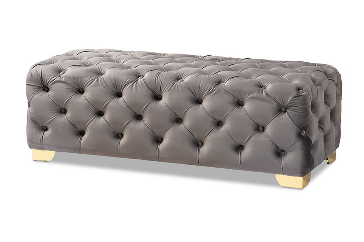 Baxton Studio Avara Glam and Luxe Gray Velvet Fabric Upholstered Gold Finished Button Tufted Bench Ottoman Baxton Studio-ottomans-Minimal And Modern - 1