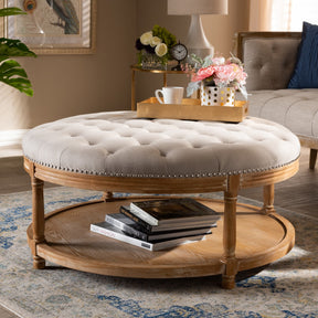 Baxton Studio Ambroise French Provincial Beige Linen Fabric Upholstered and White-Washed Oak Wood Button-Tufted Cocktail Ottoman with Shelf