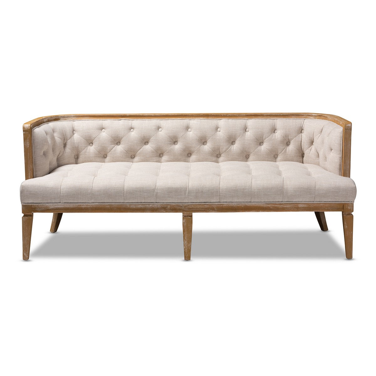 Baxton Studio Agnes French Provincial Beige Linen Fabric Upholstered and White-Washed Oak Wood Sofa