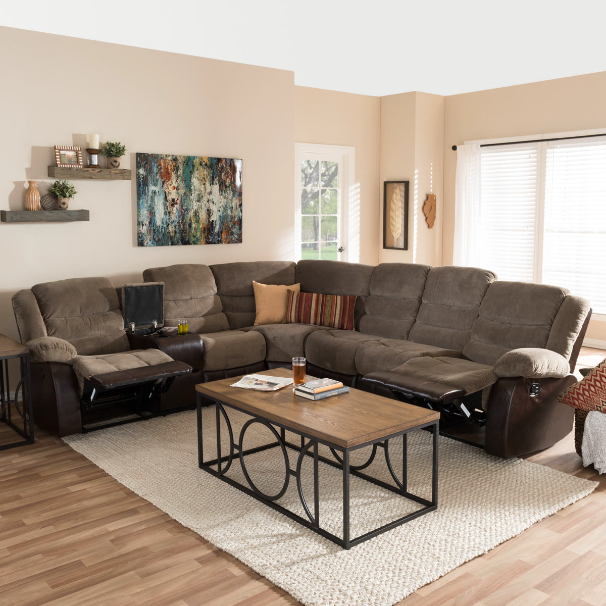 Baxton Studio Robinson Modern and Contemporary Taupe Fabric and Brown Faux Leather Two-Tone Sectional Sofa Baxton Studio-sectionals-Minimal And Modern - 7