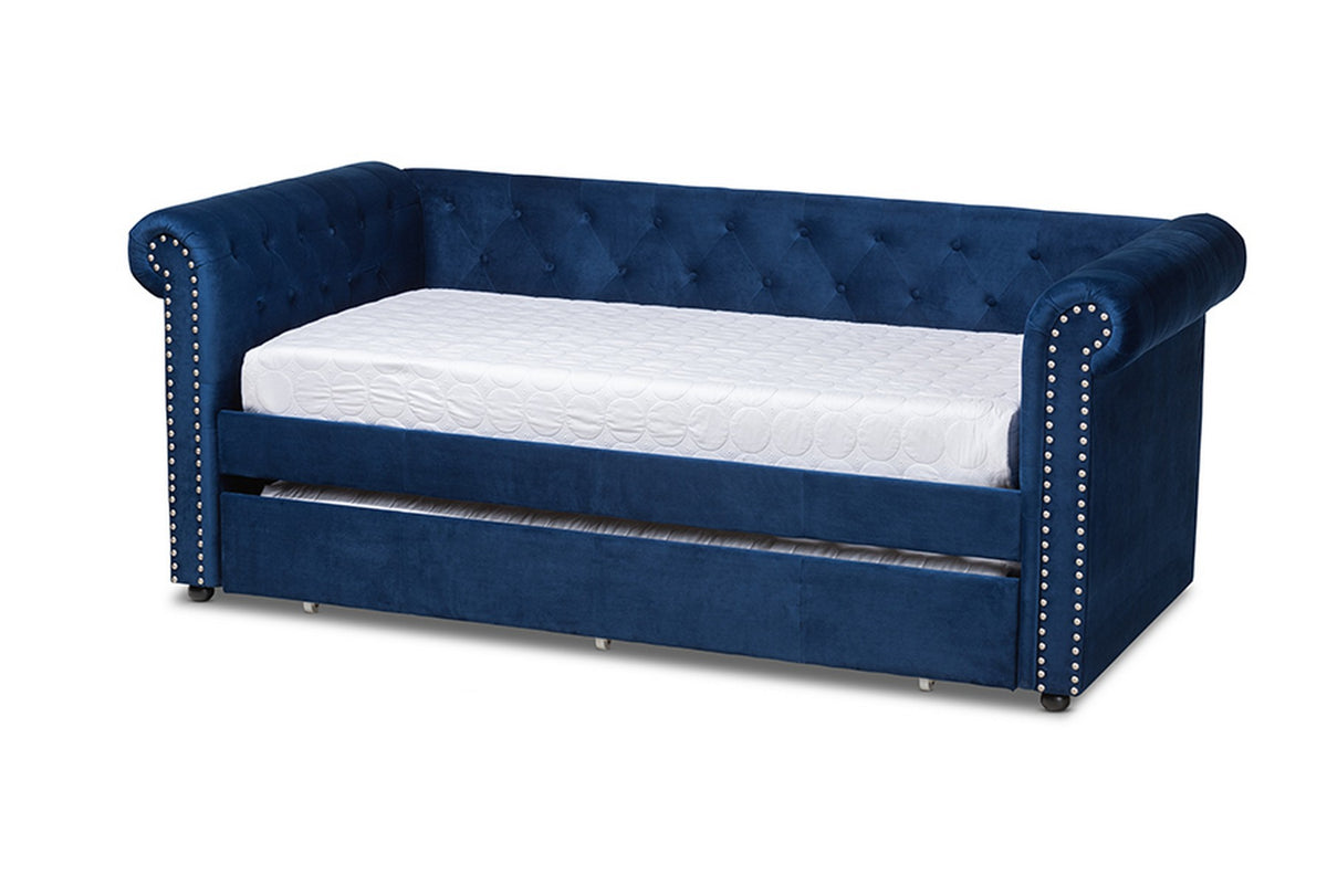 Baxton Studio Mabelle Modern and Contemporary Navy Blue Velvet Upholstered Daybed with Trundle Baxton Studio-daybed-Minimal And Modern - 1