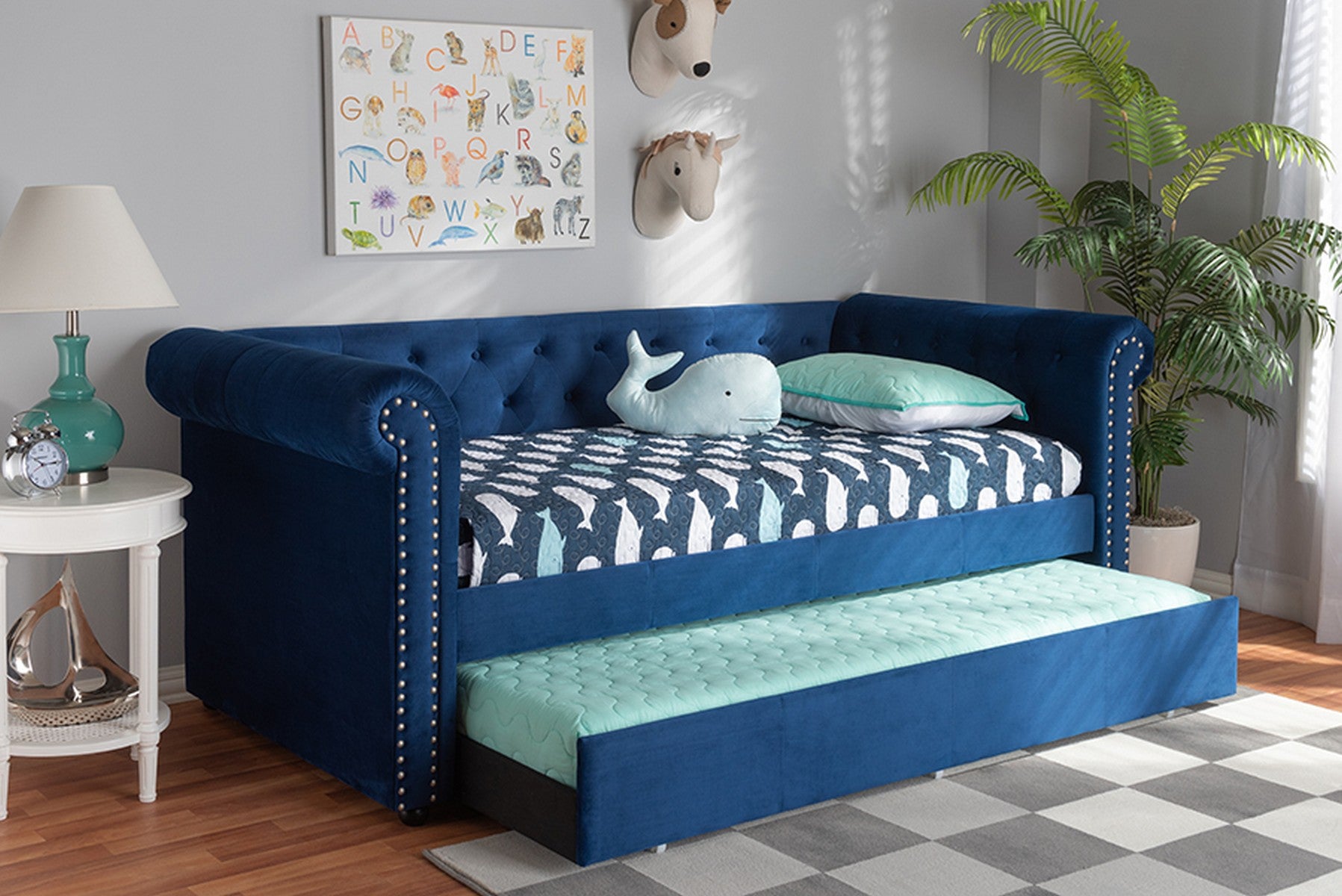 Baxton Studio Mabelle Modern and Contemporary Navy Blue Velvet Upholstered Daybed with Trundle