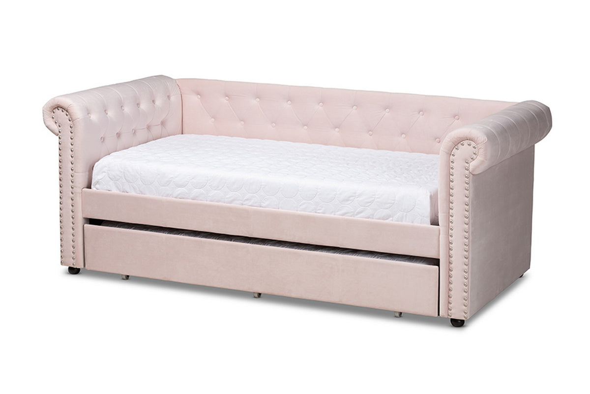 Baxton Studio Mabelle Modern and Contemporary Light Pink Velvet Upholstered Daybed with Trundle Baxton Studio-daybed-Minimal And Modern - 1