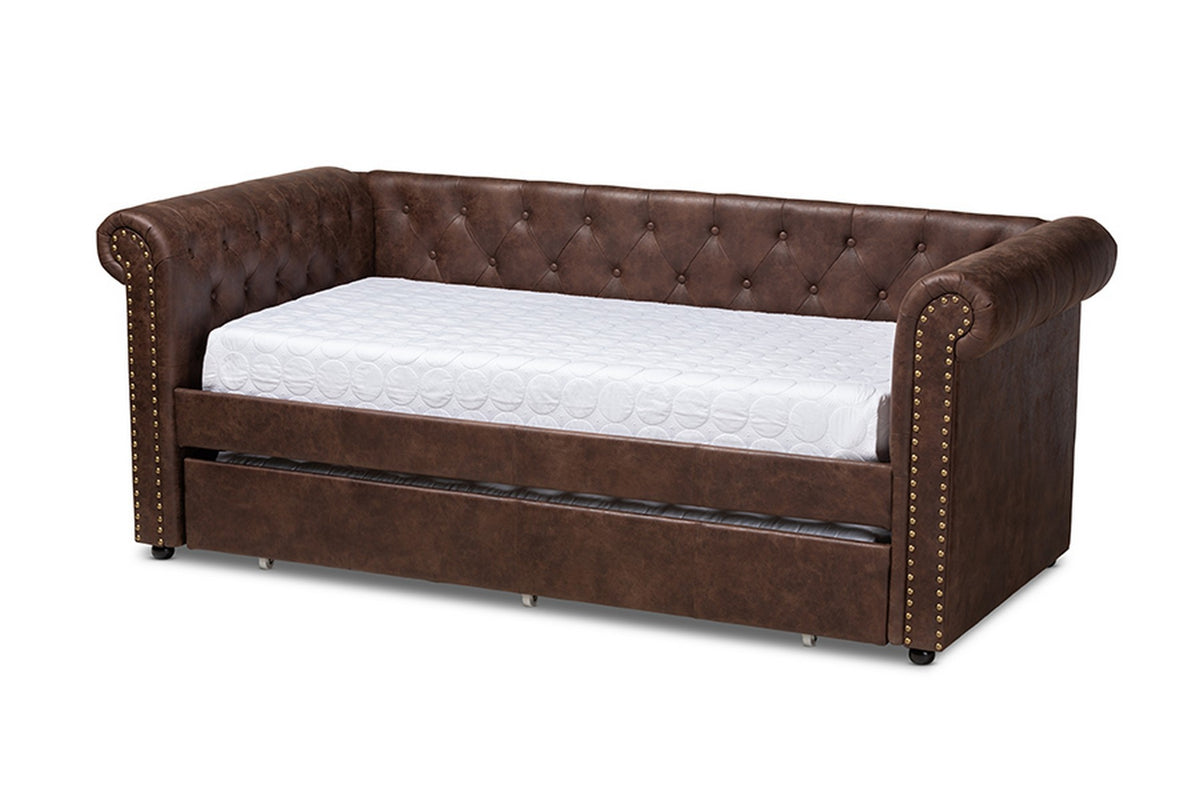 Baxton Studio Mabelle Modern and Contemporary Brown Faux Leather Upholstered Daybed with Trundle Baxton Studio-daybed-Minimal And Modern - 1