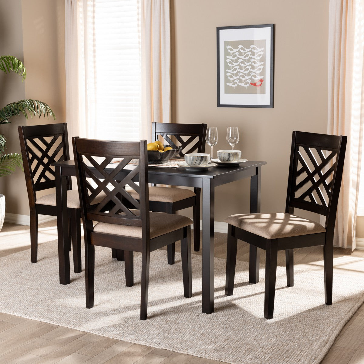 Baxton Studio Caron Modern and Contemporary Sand Fabric Upholstered Espresso Brown Finished Wood 5-Piece Dining Set