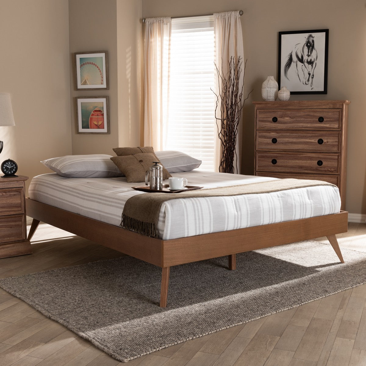 Baxton Studio Lissette Mid-Century Modern Walnut Brown Finished Wood Queen Size Platform Bed Frame