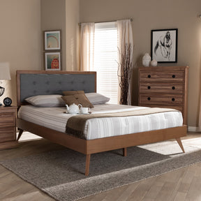 Baxton Studio Ines Mid-Century Modern Dark Grey Fabric Upholstered Walnut Brown Finished Wood Queen Size Platform Bed