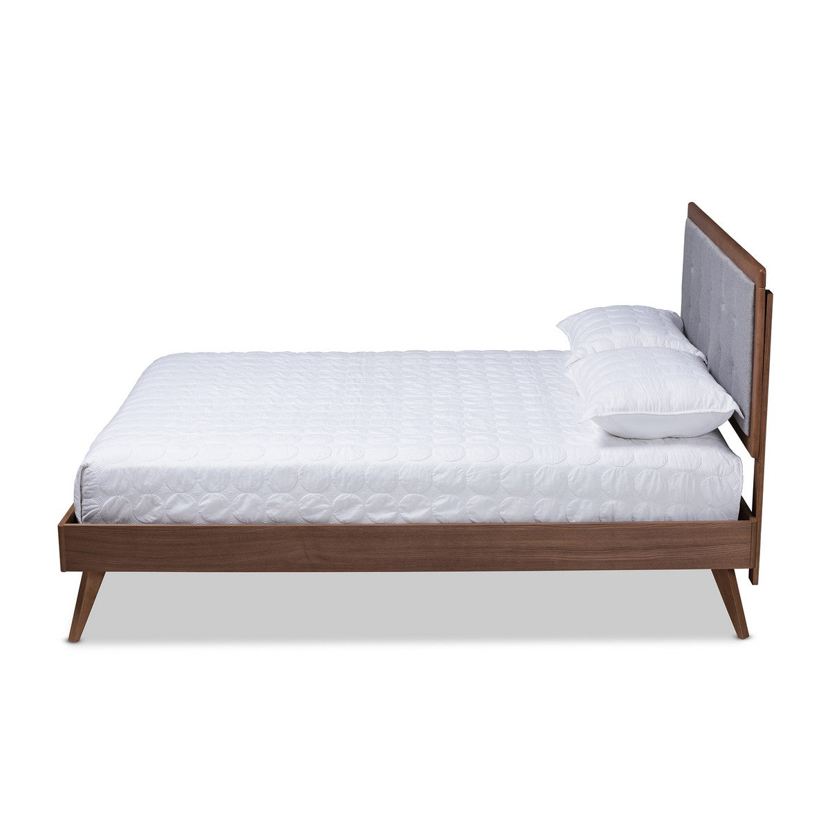 Baxton Studio Ines Mid-Century Modern Light Grey Fabric Upholstered Walnut Brown Finished Wood Queen Size Platform Bed Baxton Studio-beds-Minimal And Modern - 1