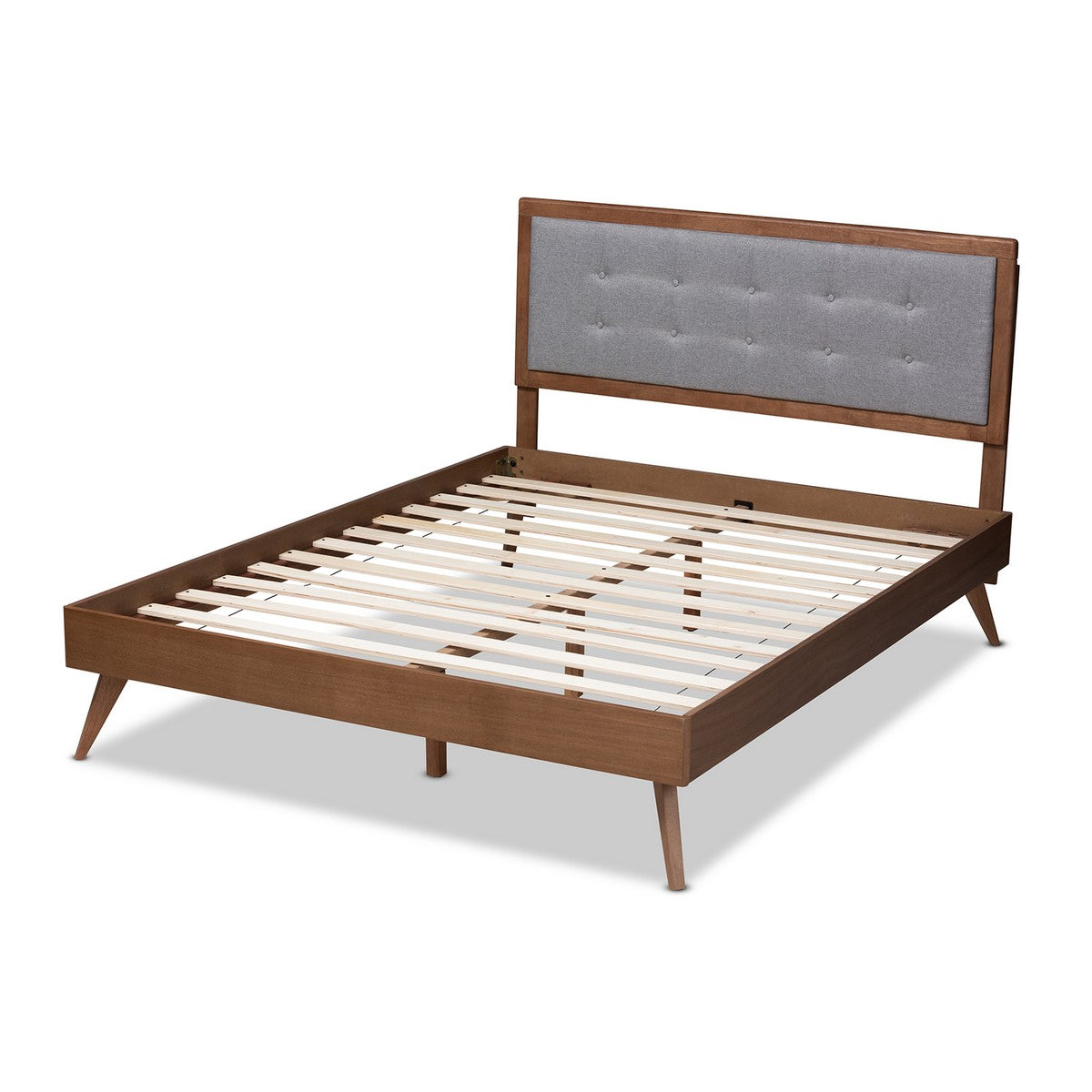Baxton Studio Ines Mid-Century Modern Light Grey Fabric Upholstered Walnut Brown Finished Wood Queen Size Platform Bed