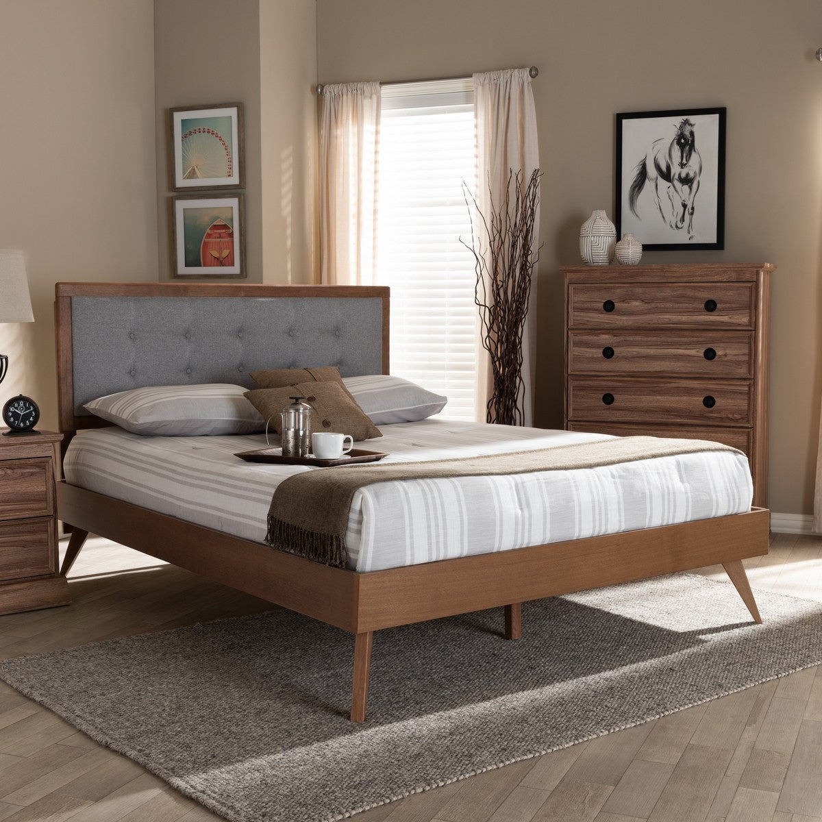Baxton Studio Ines Mid-Century Modern Light Grey Fabric Upholstered Walnut Brown Finished Wood Queen Size Platform Bed