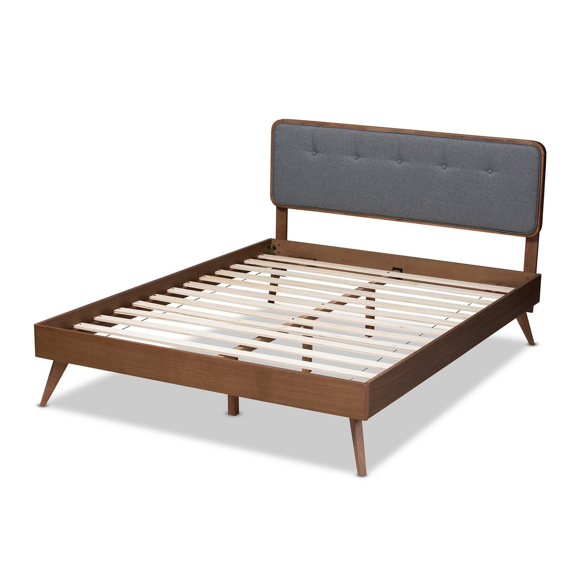Baxton Studio Dilara Mid-Century Modern Dark Grey Fabric Upholstered Walnut Brown Finished Wood Full Size Platform Bed