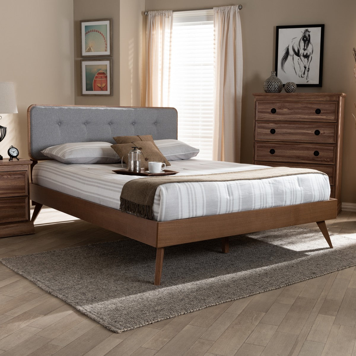 Baxton Studio Dilara Mid-Century Modern Light Grey Fabric Upholstered Walnut Brown Finished Wood Full Size Platform Bed