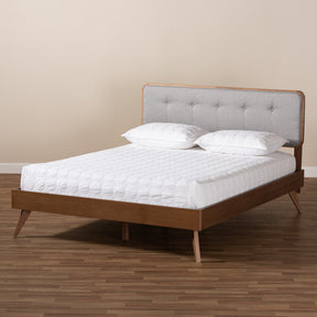 Baxton Studio Dilara Mid-Century Modern Light Grey Fabric Upholstered Walnut Brown Finished Wood Queen Size Platform Bed