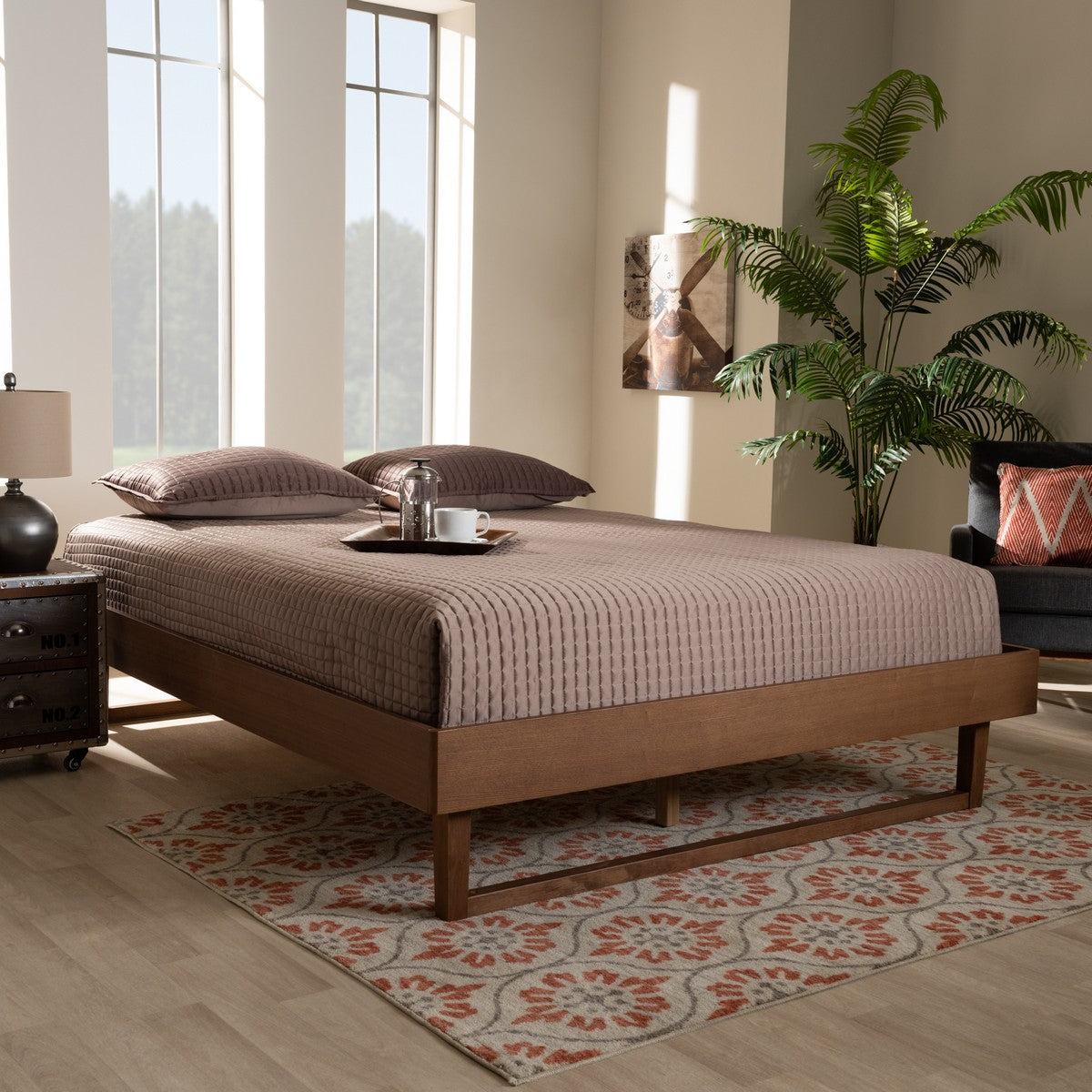 Baxton Studio Liliya Mid-Century Modern Walnut Brown Finished Wood King Size Platform Bed Frame
