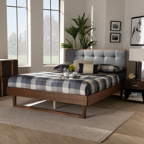 Baxton Studio Natalia Mid-Century Modern Dark Grey Fabric Upholstered and Ash Walnut Finished Wood Queen Size Platform Bed