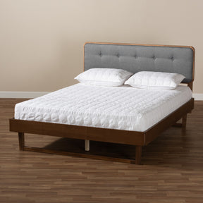 Baxton Studio Natalia Mid-Century Modern Dark Grey Fabric Upholstered and Ash Walnut Finished Wood King Size Platform Bed