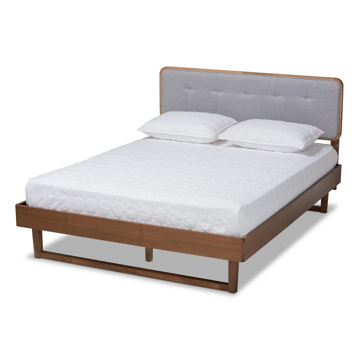 Baxton Studio Natalia Mid-Century Modern Light Grey Fabric Upholstered and Ash Walnut Finished Wood Queen Size Platform Bed Baxton Studio-beds-Minimal And Modern - 1