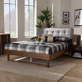 Baxton Studio Natalia Mid-Century Modern Light Grey Fabric Upholstered and Ash Walnut Finished Wood Queen Size Platform Bed
