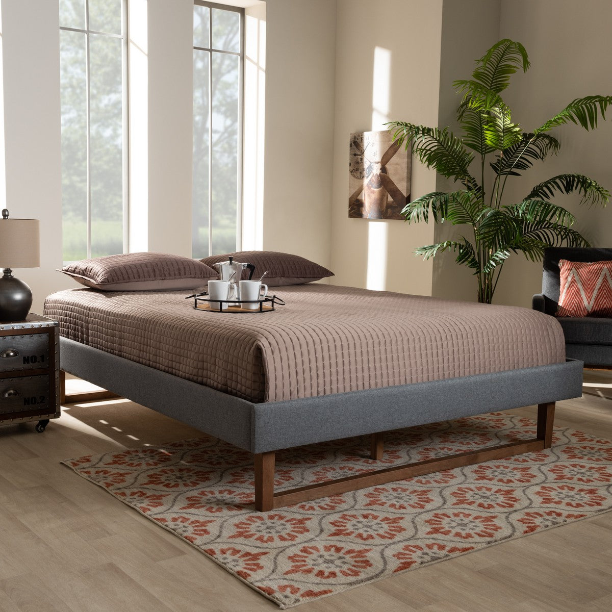 Baxton Studio Liliya Mid-Century Modern Dark Grey Fabric Upholstered Walnut Brown Finished Wood King Size Platform Bed Frame