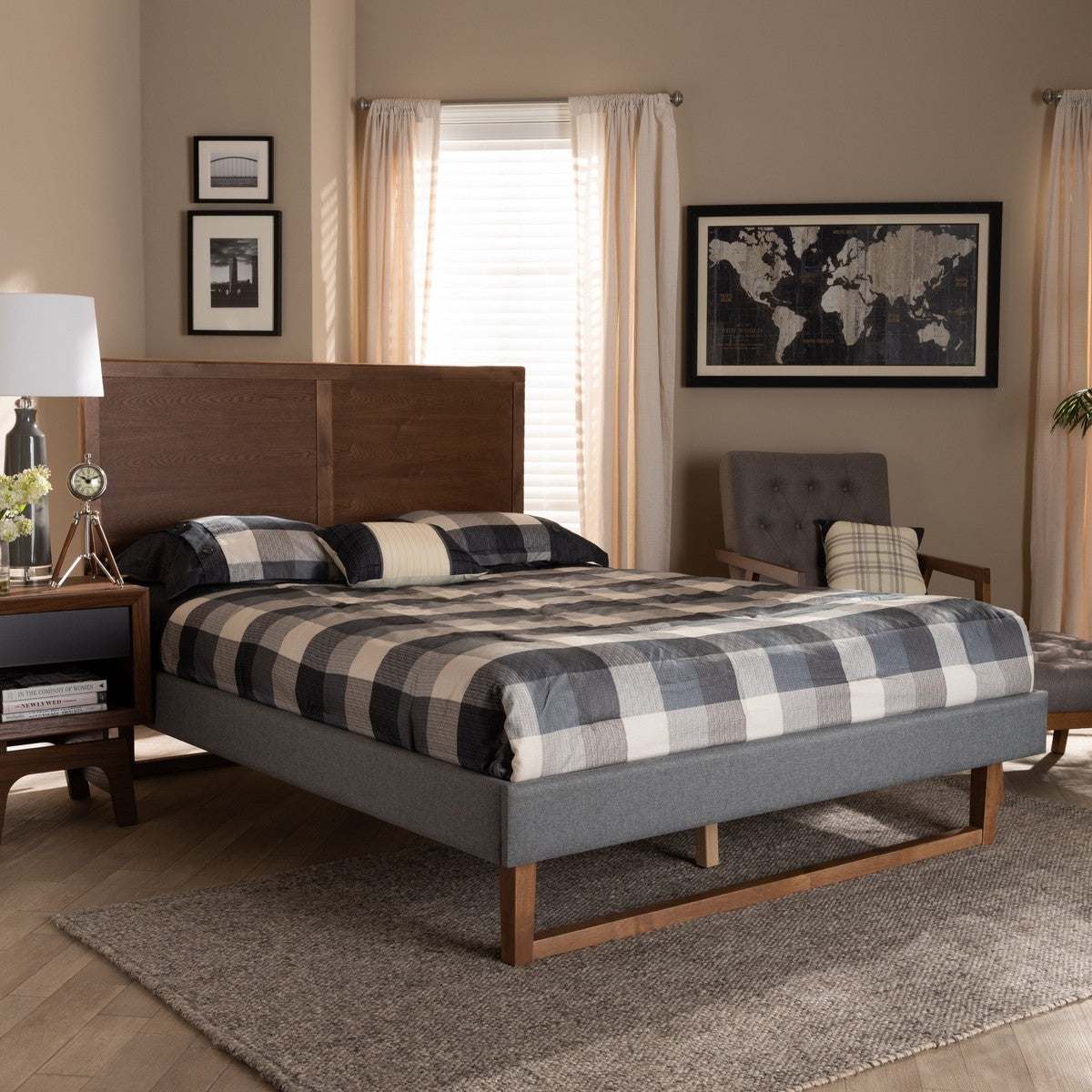 Baxton Studio Allegra Mid-Century Modern Dark Grey Fabric Upholstered and Ash Walnut Brown Finished Wood Queen Size Platform Bed