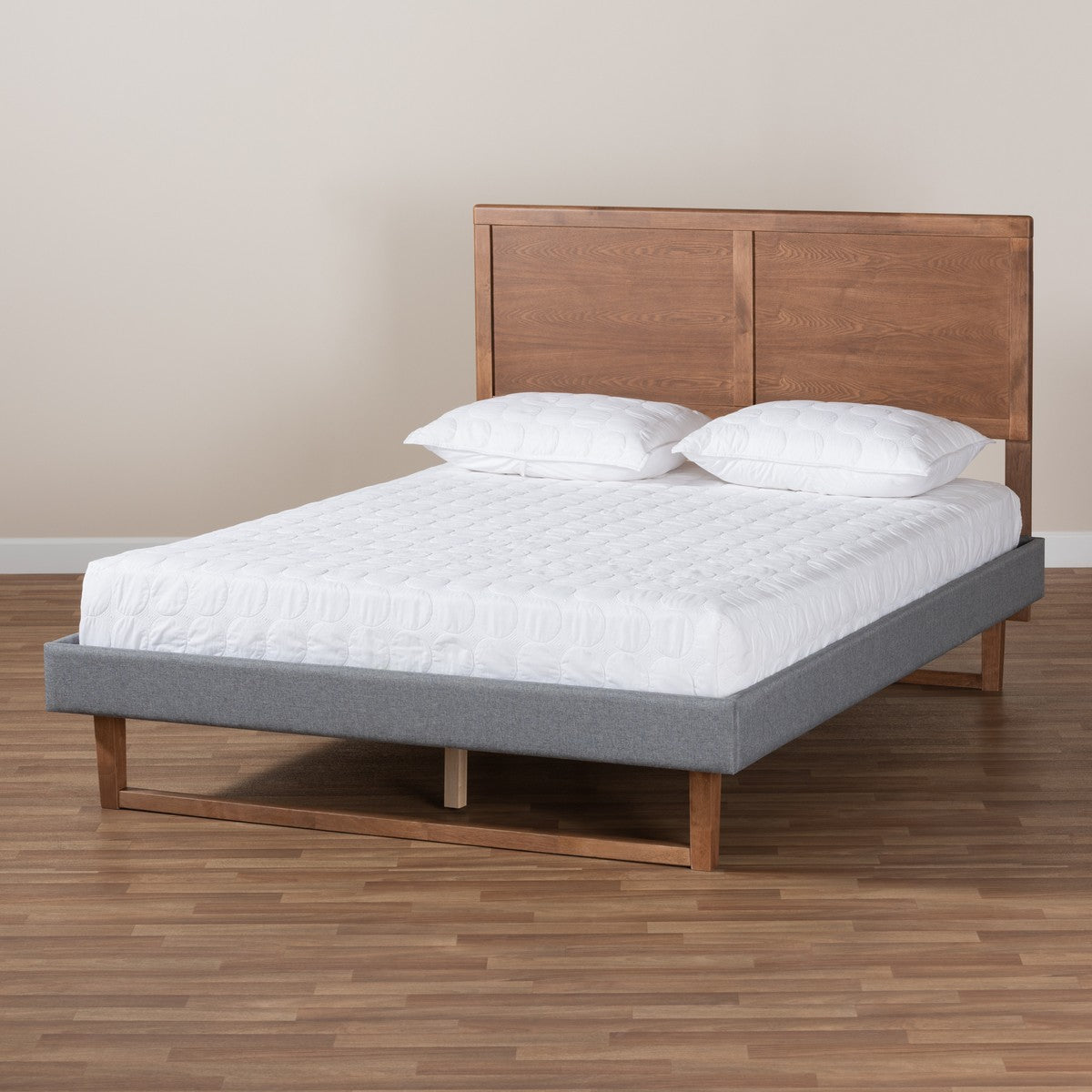 Baxton Studio Allegra Mid-Century Modern Dark Grey Fabric Upholstered and Ash Walnut Brown Finished Wood Full Size Platform Bed