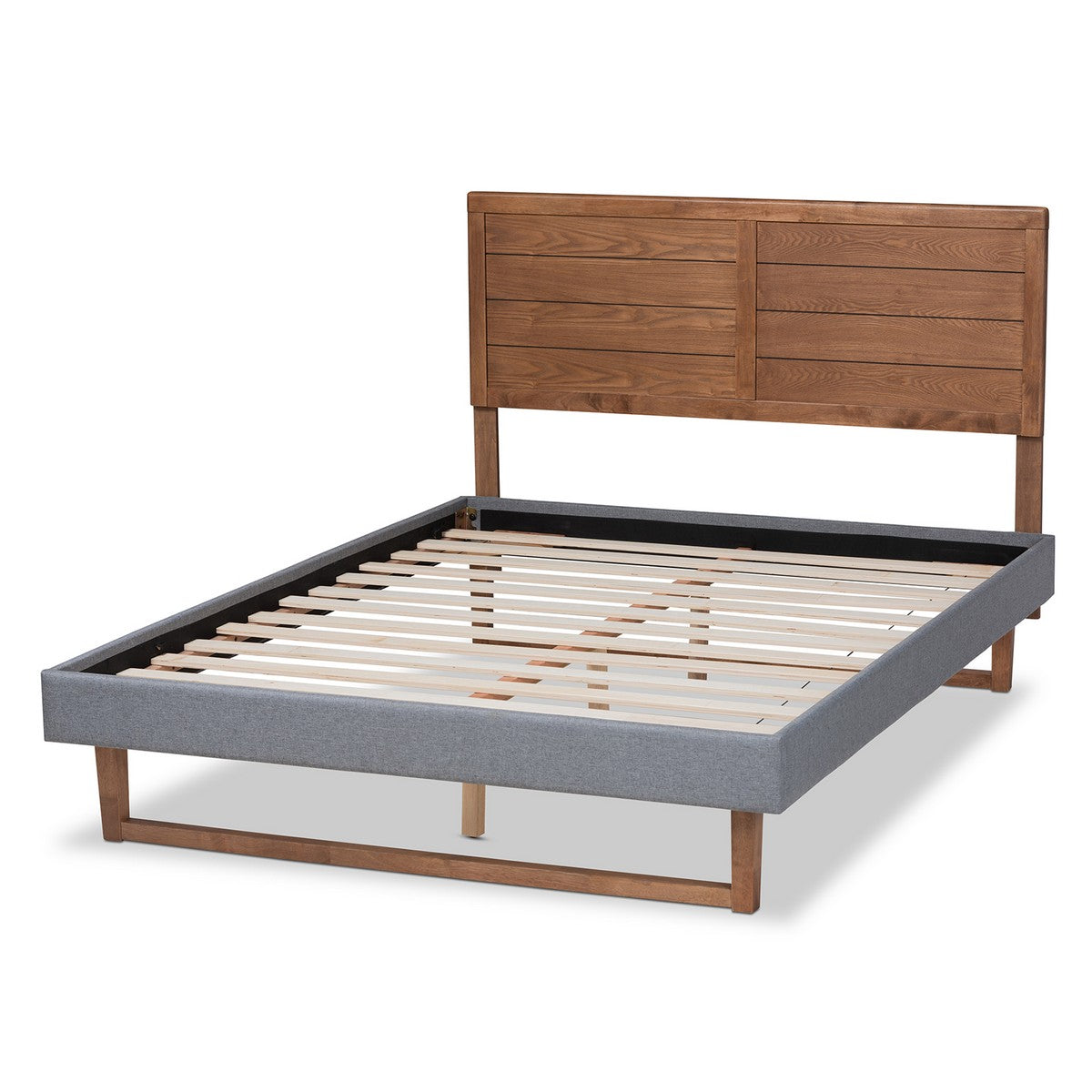 Baxton Studio Gabriela Rustic Modern Dark Grey Fabric Upholstered and Ash Walnut Brown Finished Wood Queen Size Platform Bed